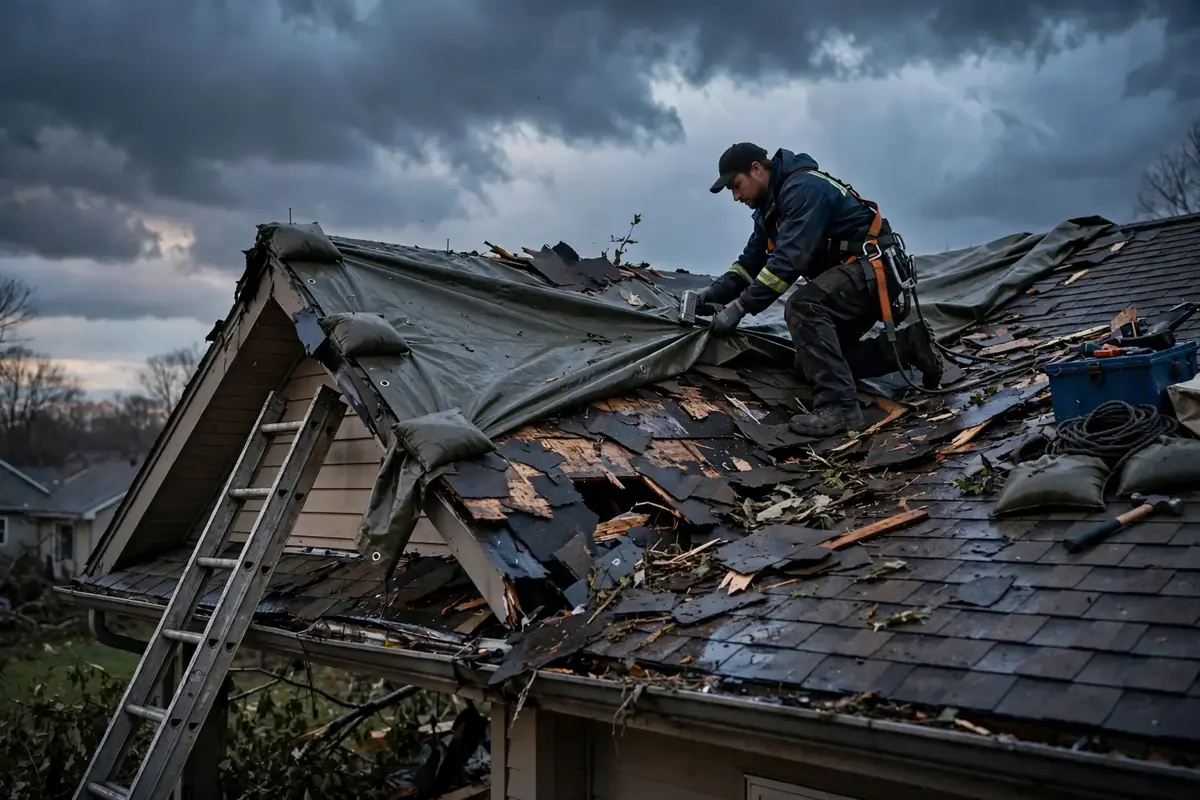Emergency Roof Repair work on a roof in Dallas, TX