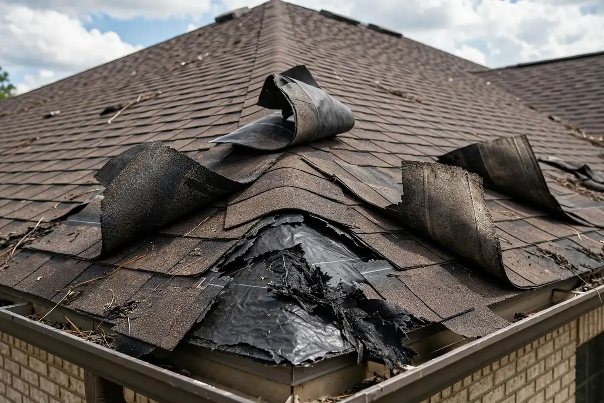 Wind Damage Roof Repair work on a roof in Dallas, TX