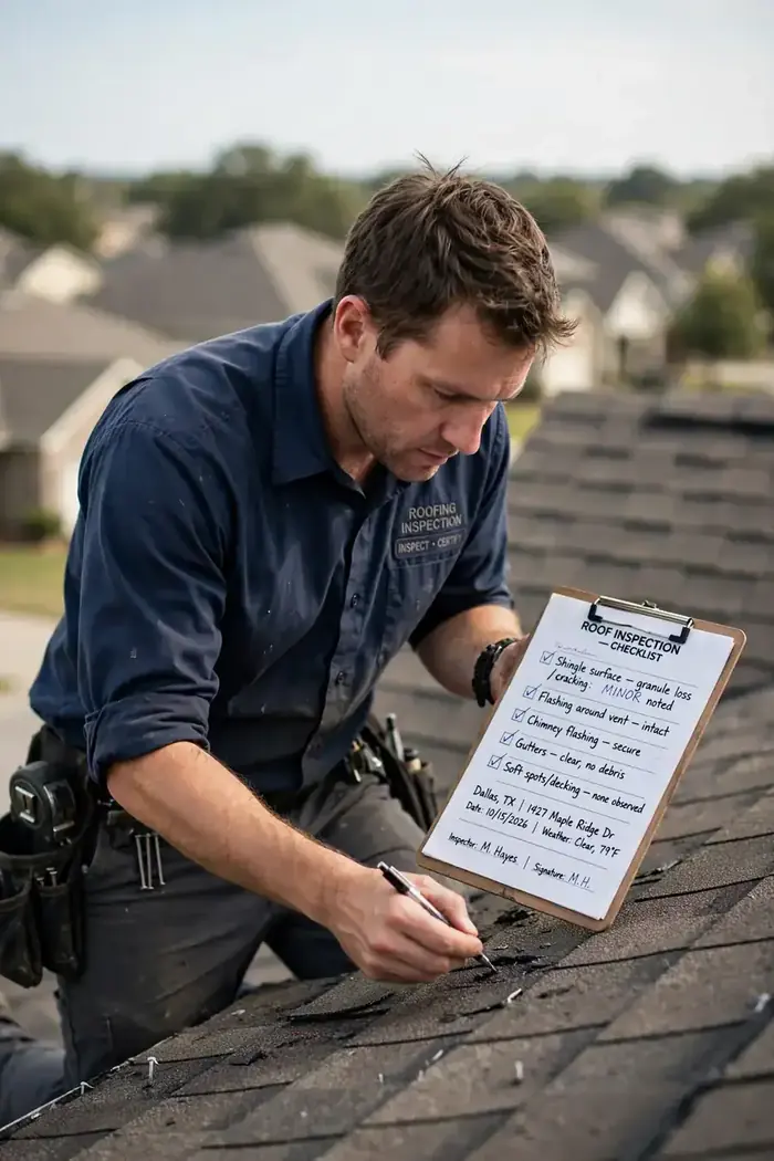 Roofer carrying out a roof inspection in Dallas, TX