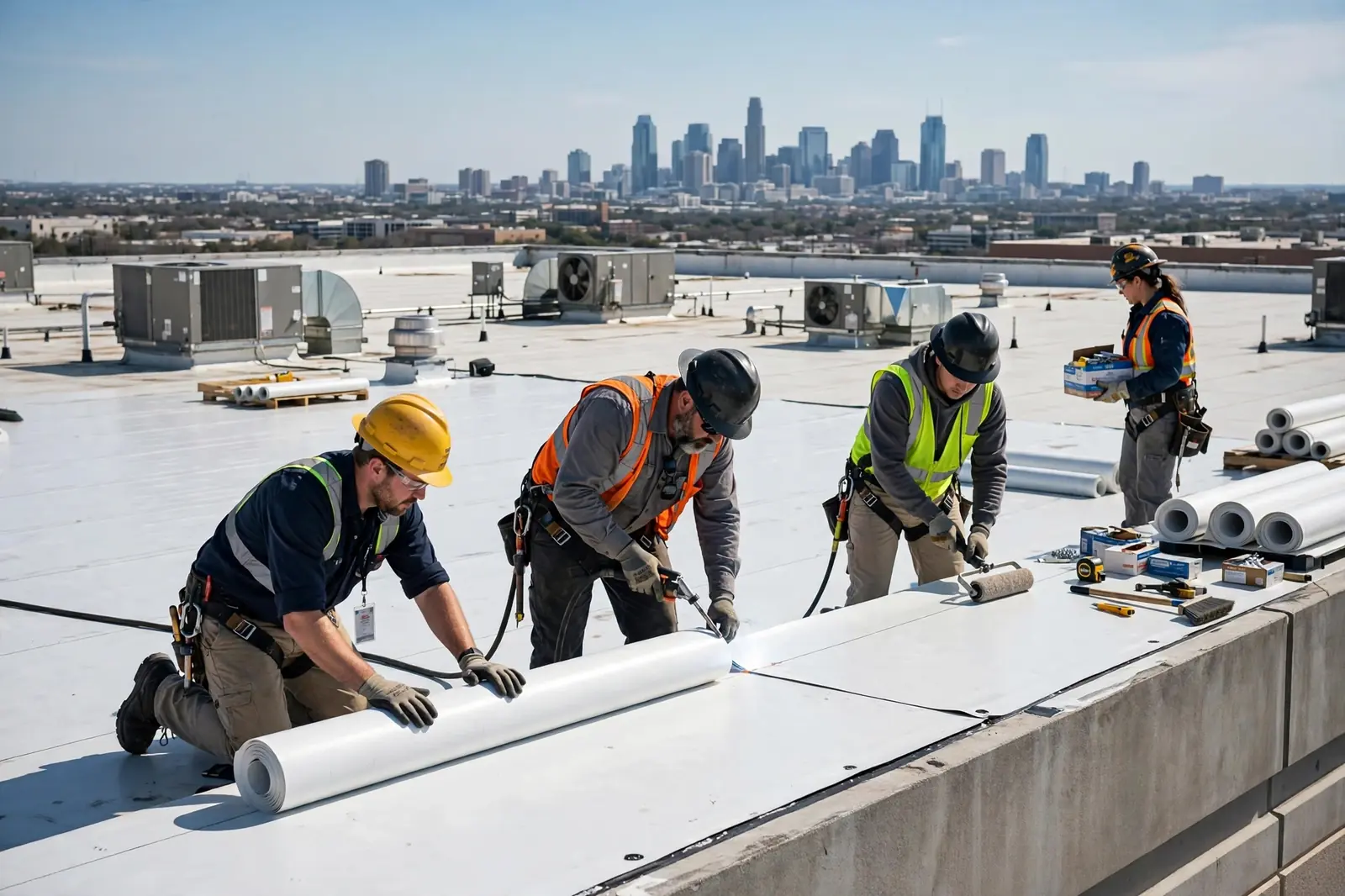 Roofing crew installing a TPO membrane on a commercial building in Dallas, TX