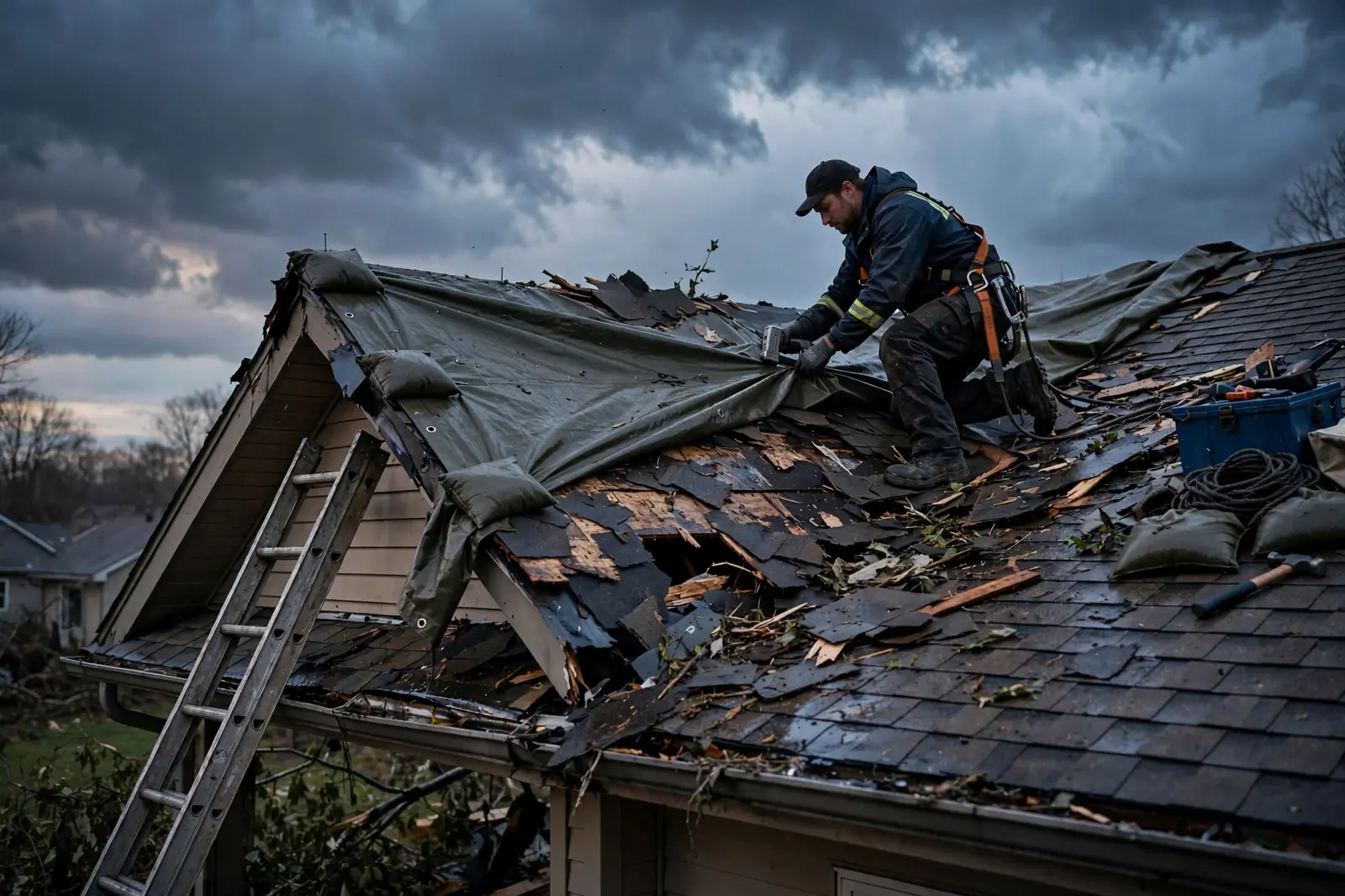 Emergency tarp secured over storm-damaged roof on a Dallas TX home at night