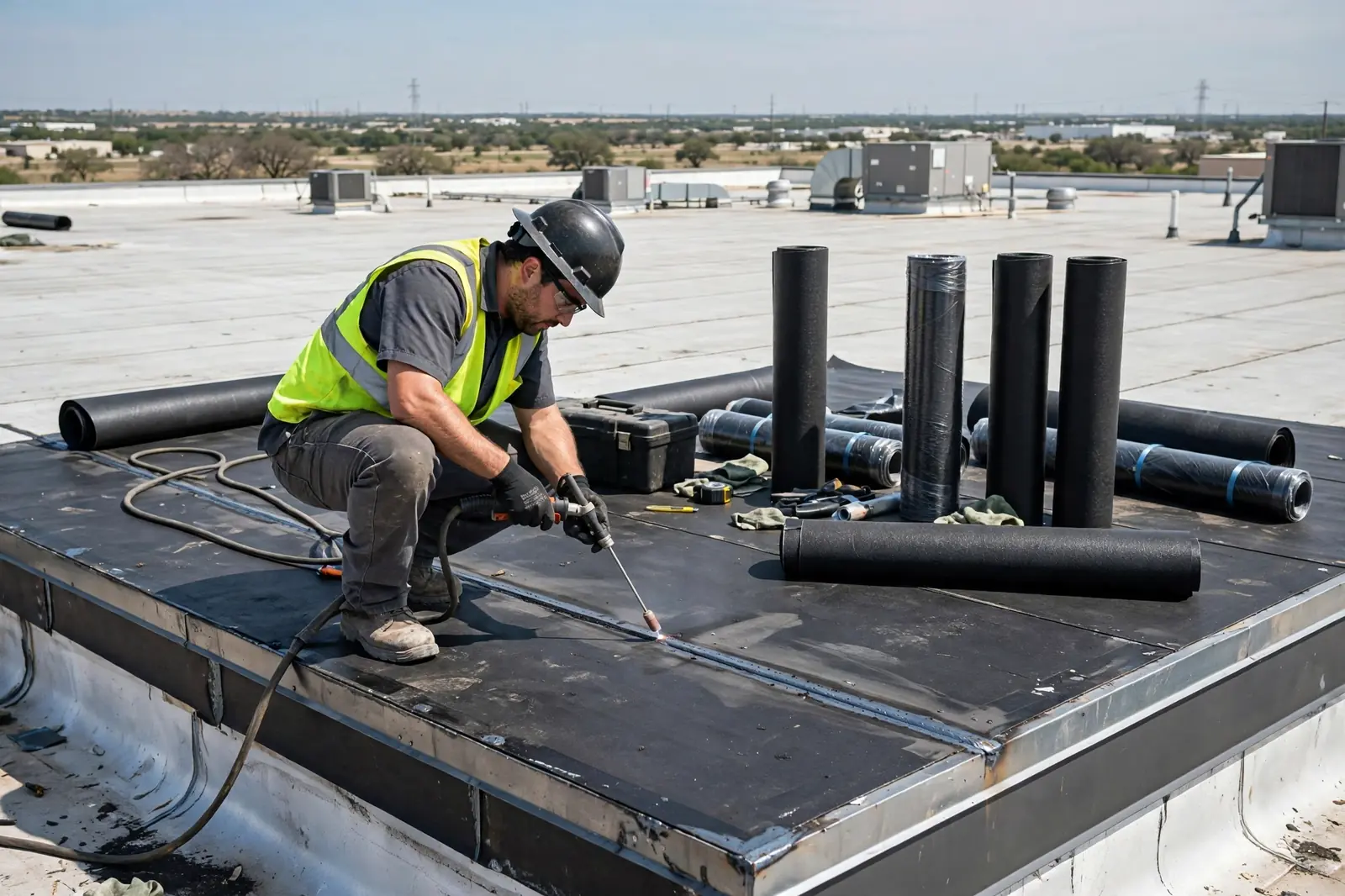 Flat commercial roof membrane installation in Dallas, TX
