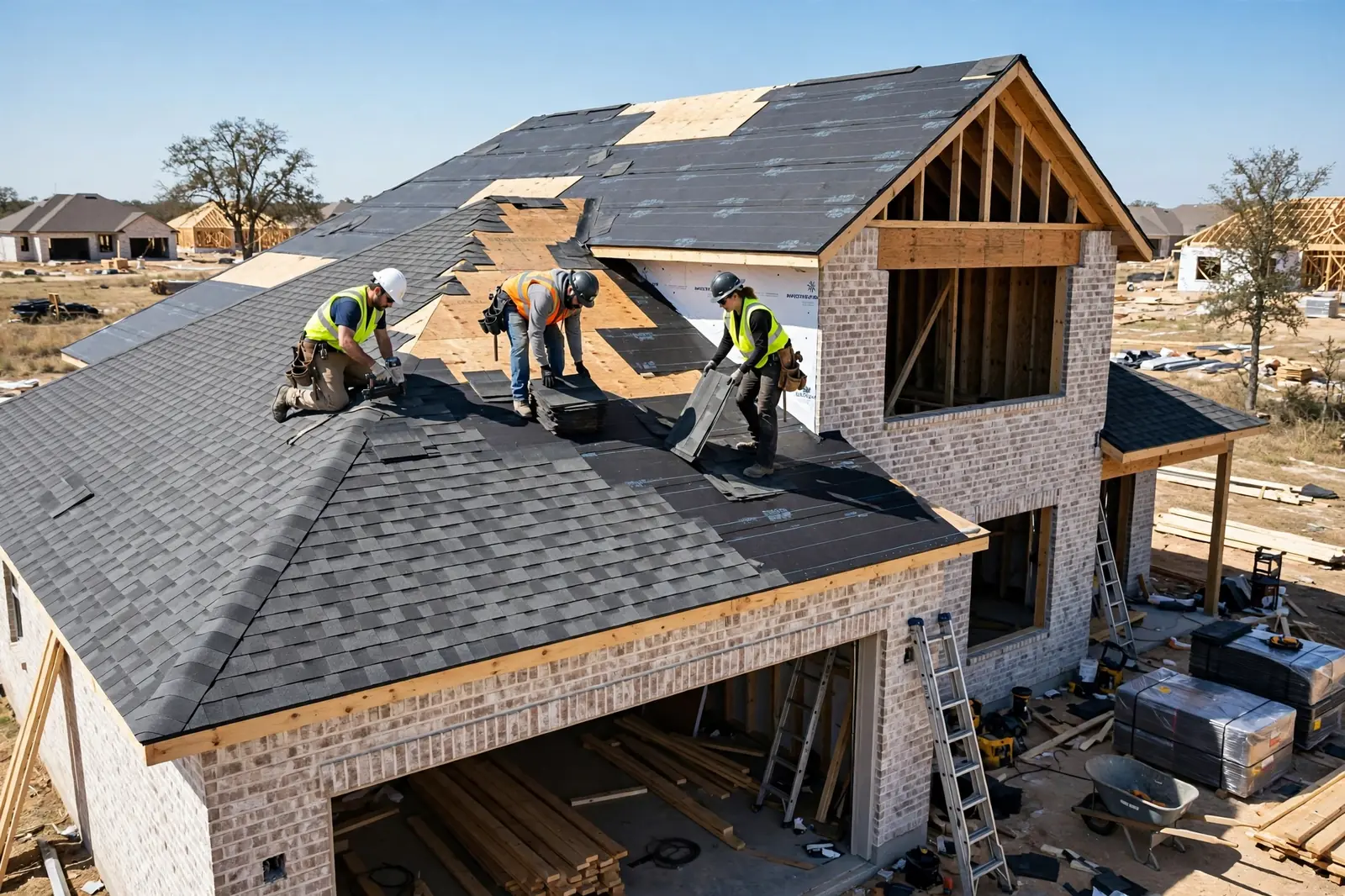 New roof installation on a new construction home in Dallas TX with fresh underlayment and shingles