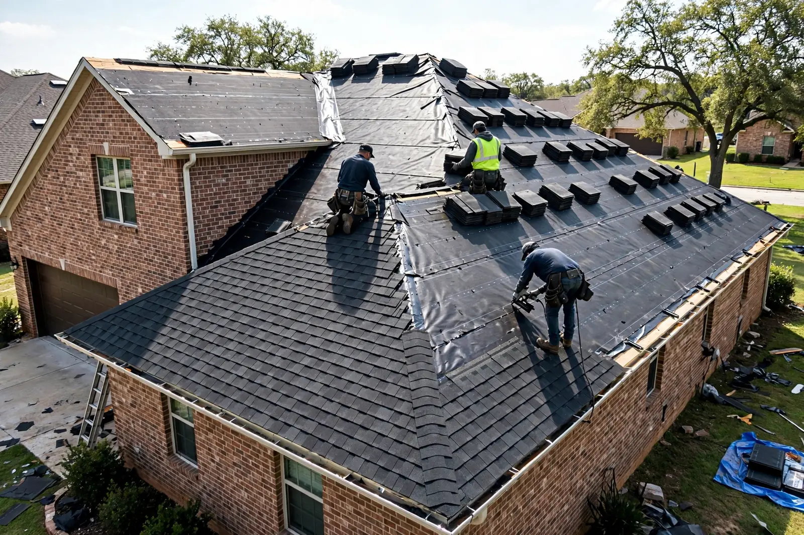 Roofing crew installing a new shingle roof on a Dallas TX home during full roof replacement