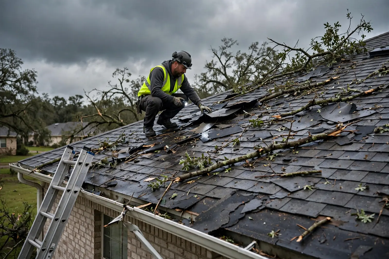 Roofer assessing wind and hail storm damage on a shingle roof in Dallas TX
