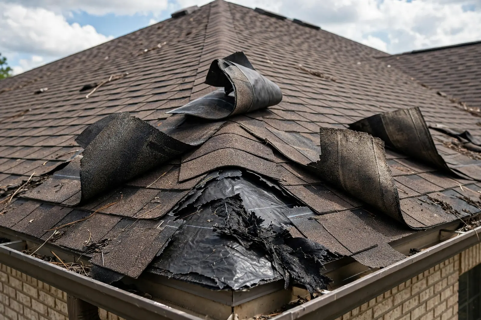 Wind-lifted asphalt shingles being replaced by a roofer in Dallas, TX