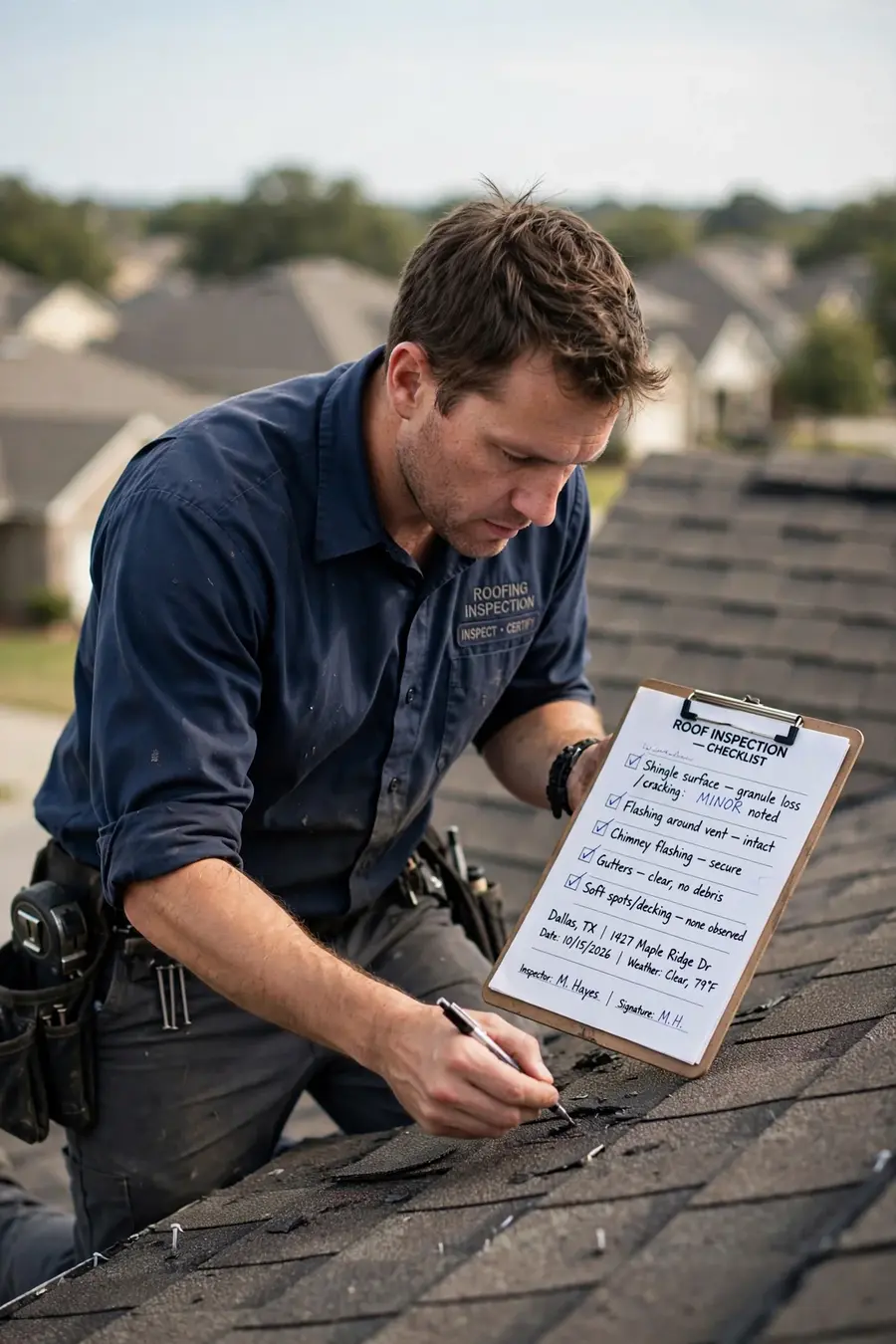 Professional roof inspection in Dallas TX — inspector checking shingles