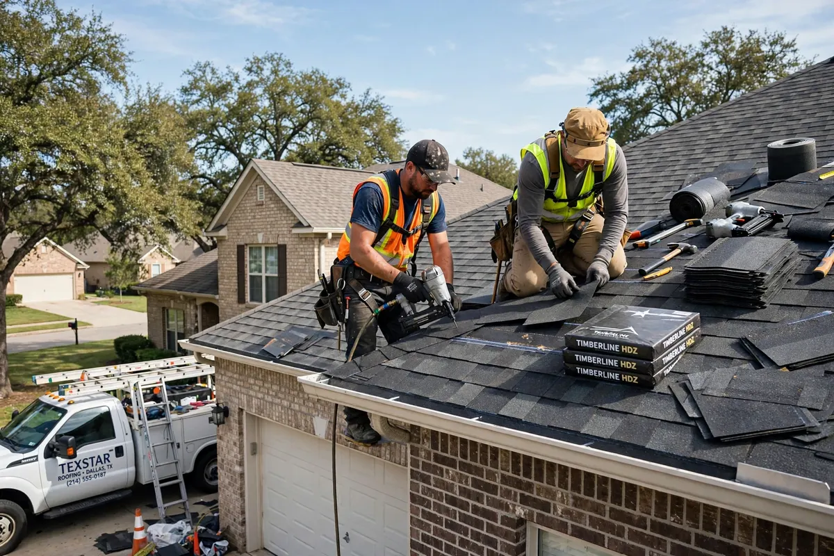Roofing crew installing shingles on a Dallas, TX home