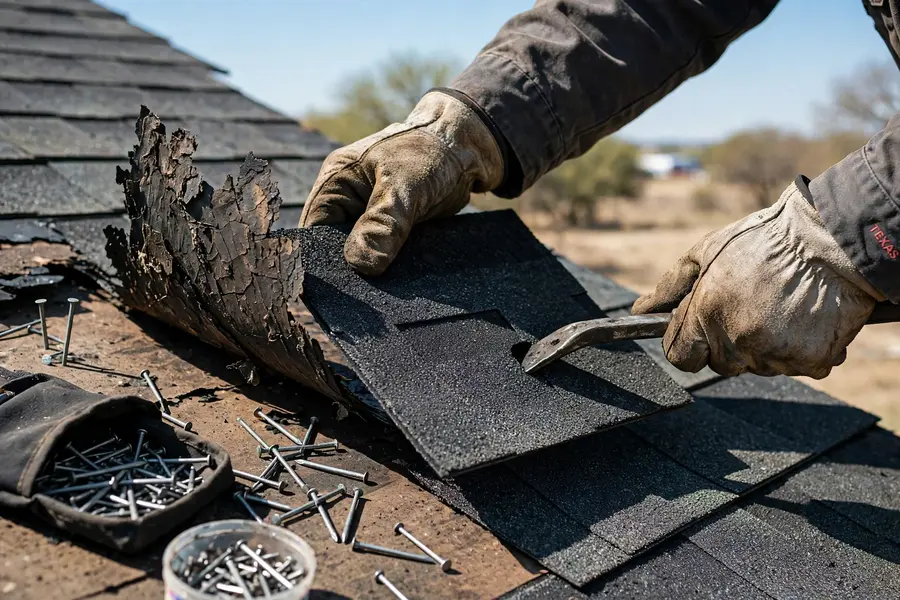 Roofer replacing a damaged asphalt shingle during roof repair in Dallas TX