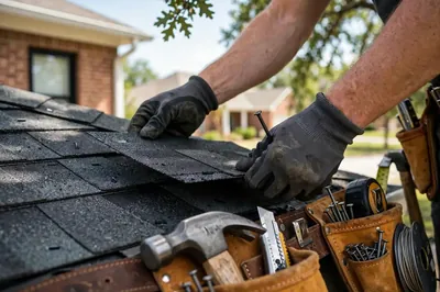 Roof repair in Dallas TX — roofer fixing shingles